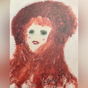Red and Brown Hair Art Print..with a winter hat